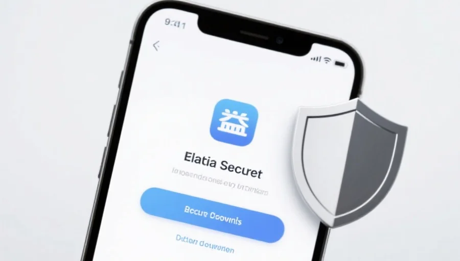 一部现代智能手机屏幕上显示长运应用的安全下载界面,旁边有安全盾牌图标,背景简洁